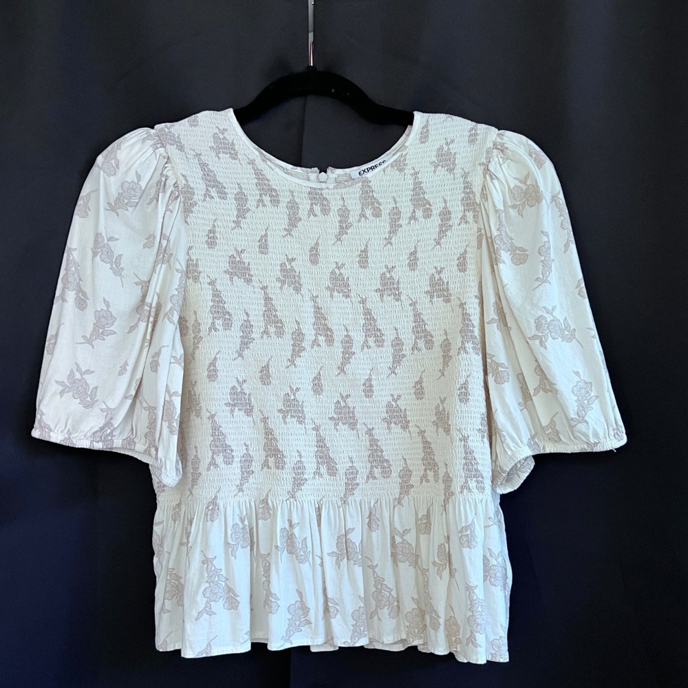 Express Smocked Peplum Top Floral Print Puff Sleeve milkmaid coquette XL